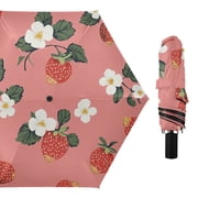 Strawberries Small White Florals All Weather Umbrella Triple Folding Parasol 6 Ribs UV Protection Portable