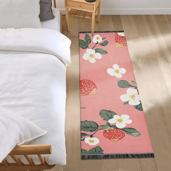 Strawberries Small White Florals Bedside Runner Rug 2'x 6' Non Slip Carpet Floor Mat Area Rug