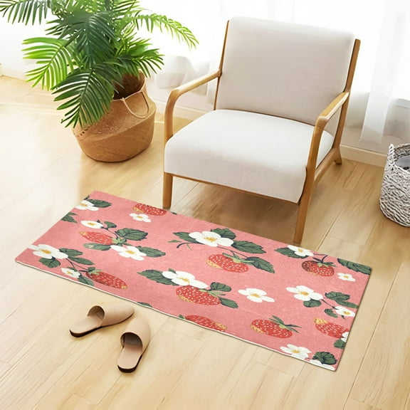 Strawberries Small White Florals Plush Carpet Non Slip Runner Rug Absorbent Bath Mat 39" x 20"