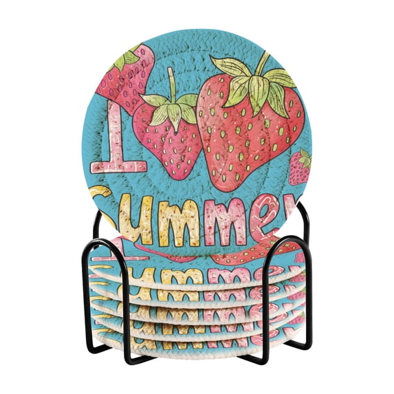 Strawberries Summer 6 Pcs Drink Coasters with Holder Absorbent Coasters Woven Coasters for Drinks Table Desk Protection Home Decor