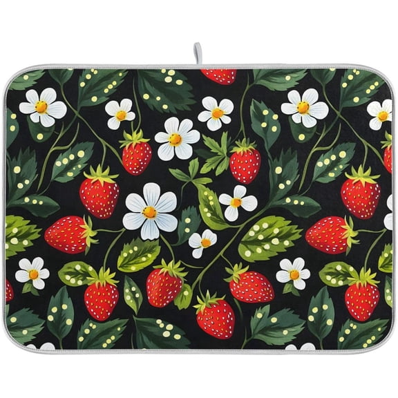 Strawberries White Flowers Dish Drying Mat for Kitchen Counter Absorbent Microfiber Drying Pad, Medium 16x18 in, Reversible Drainer Mats
