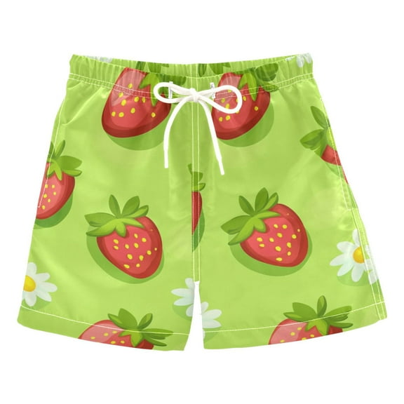 Strawberries and Daisies on Green Boys Swim Trunks Quick Dry Boy Swim Shorts for 3-14 Years