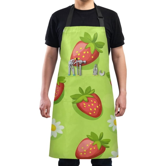 Strawberries and Daisies on Green Chef Kitchen Apron with Pockets for Women Waterproof Aprons for Cooking Baking