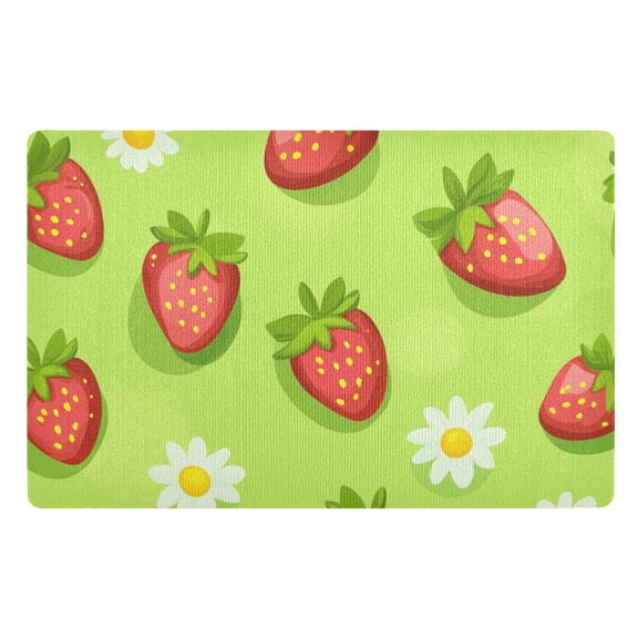 Strawberries and Daisies on Green Floor Door Mat Outdoor Indoor for Home Entrance Welcome Mats 32"x20"
