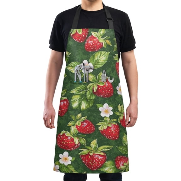 Strawberries and Flowers on Green Chef Kitchen Apron with Pockets for Women Waterproof Aprons for Cooking Baking