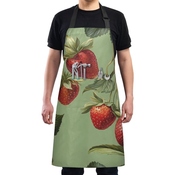 Strawberries and Leaves on Green Chef Kitchen Apron with Pockets for Women Waterproof Aprons for Cooking Baking