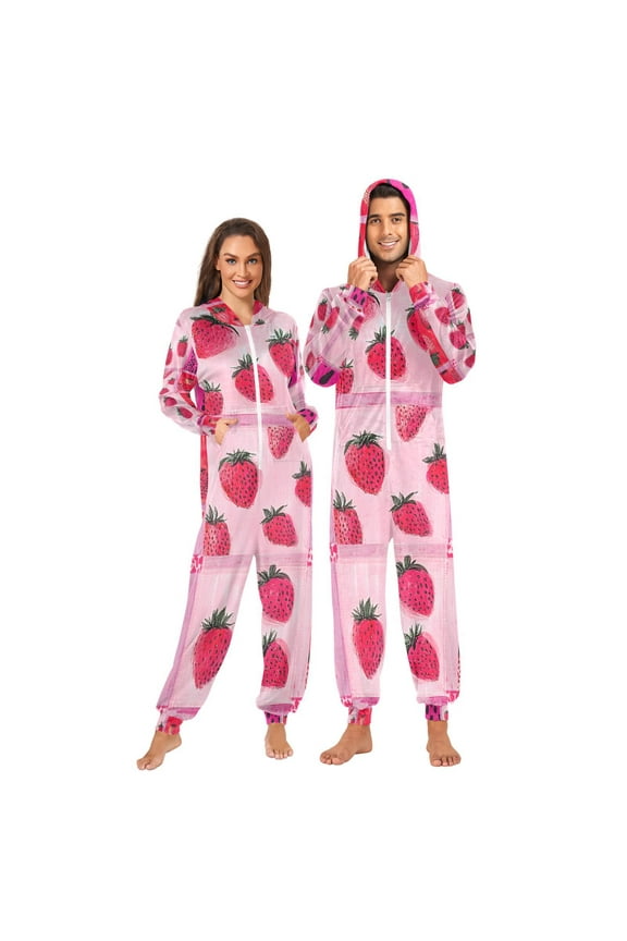 Strawberries and Pink Leopard Adult Onesie Pajamas Slim Fit Christmas One Piece Suit Pjs for Women and Men Hooded Zipper