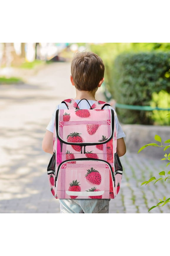 Strawberries and Pink Leopard Backpack Big Laptop Backpack Casual Daypack Quilted Large Capacity Large Bookbags
