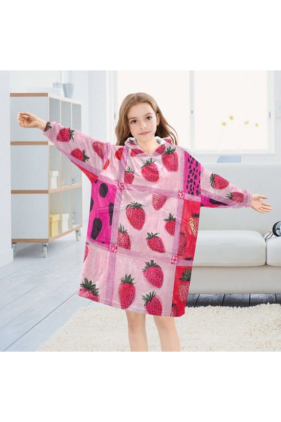 Strawberries and Pink Leopard Oversized Wearable Blanket Hoodie Sweatshirt Flannel for Unisex Girls Boys