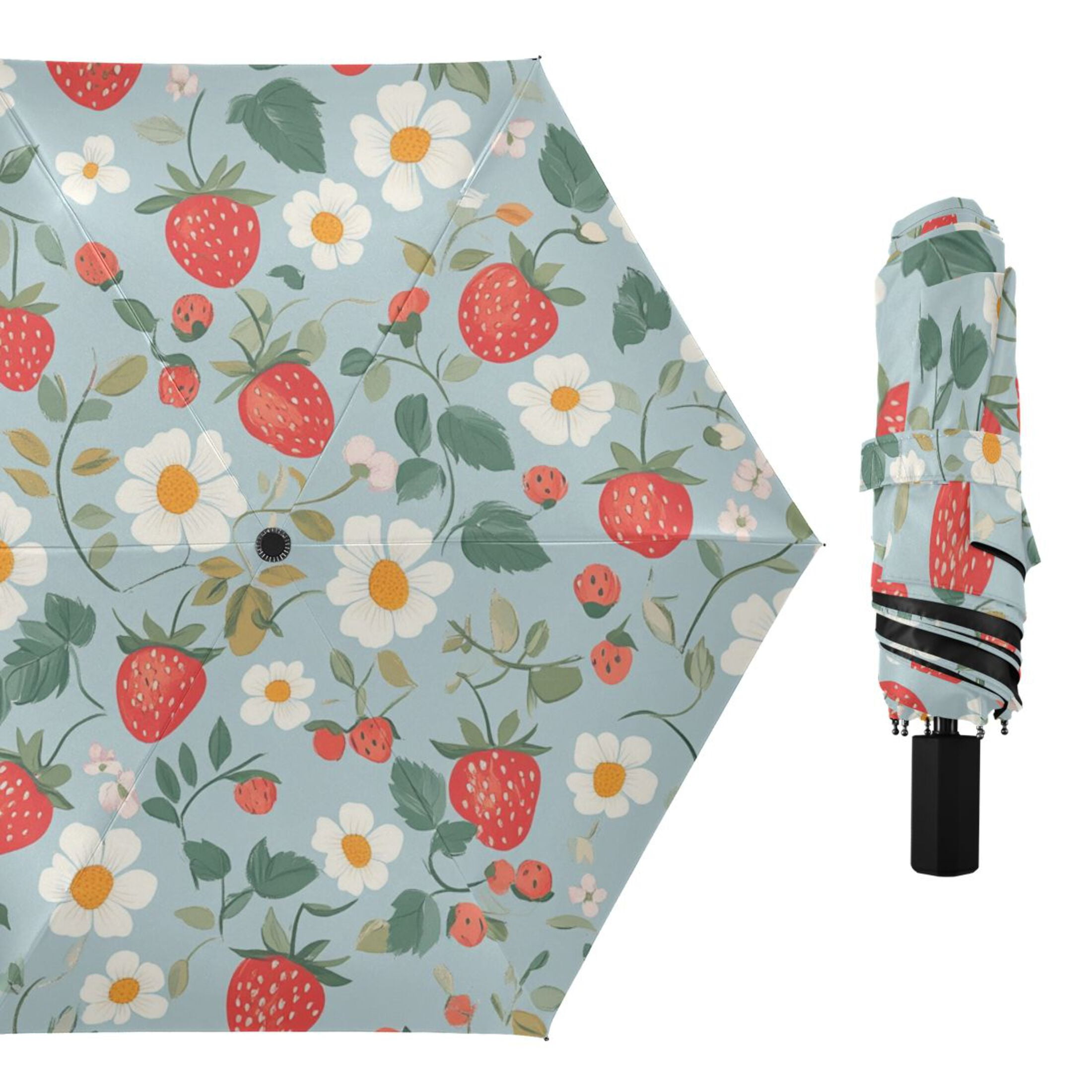 Strawberries and Strawberries Flowers Leaves Cute All Weather Umbrella Triple Folding Parasol 6 Ribs UV Protection Portable
