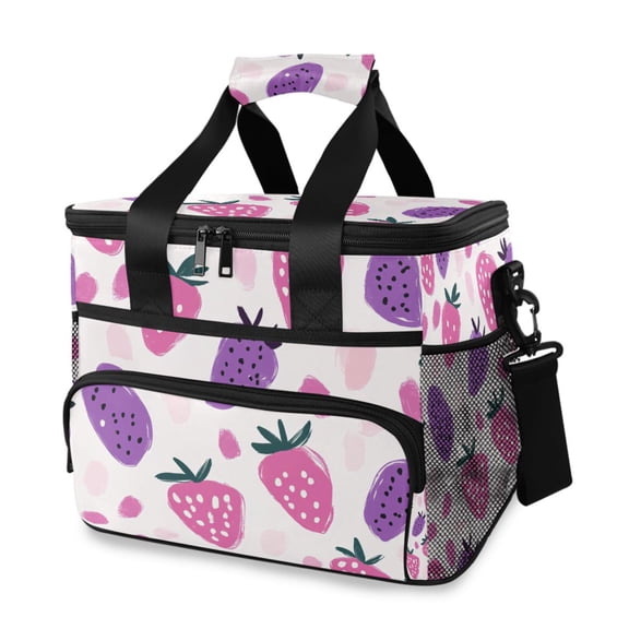 Strawberries in Pink and Purple Insulated Lunch Bag 15L Cooler Box for Women Men Work Camping Beach Travel