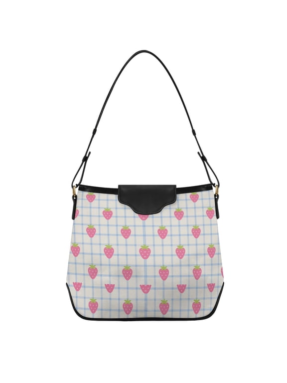 Strawberries on Blue Plaids Women's Tote Bag Convertible Handbags Hobo Shoulder Bag with Zipper Magnetic Snap