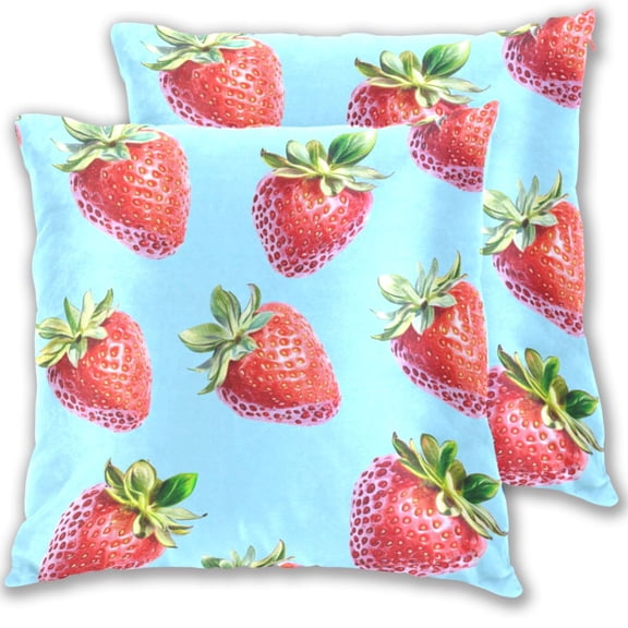 Strawberries on Blue Throw Pillow Covers 16x16 Inch 2 Packs Decorative Square for Living Room Couch Bed Sofa