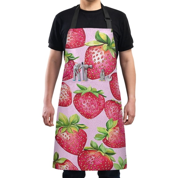 Strawberries on Light Pink Chef Kitchen Apron with Pockets for Women Waterproof Aprons for Cooking Baking