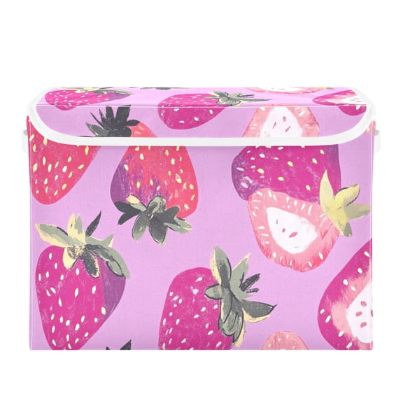 Strawberries on Purple Large Storage Bins with Linen Collapsible Lid Storage Box 16.7 x 12.6 x 11.8in