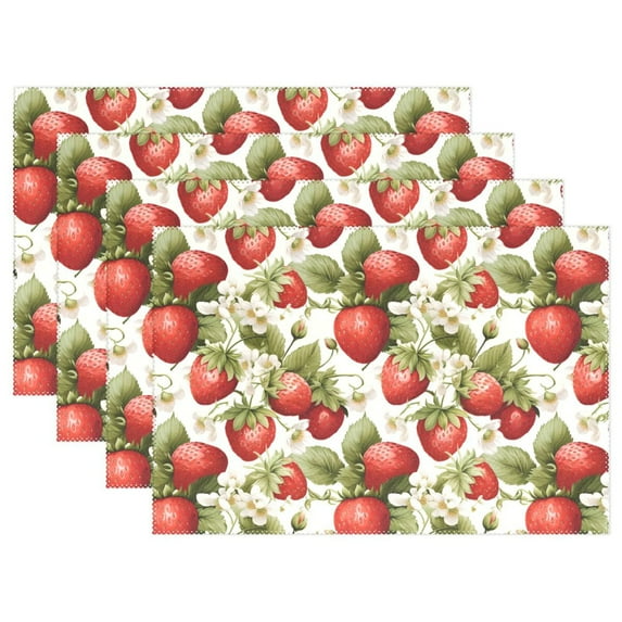 Strawberries with Floral 4 PCs Placemats Set Linen Non-Slip Table Mat Rectangular Washable for Dining Kitchen Party 12"x18"