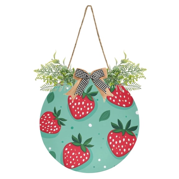 Strawberries with Leaves Front Door Porch Decoration Hanging Sign with Artificial Green Plants and Bow for Home Outdoor Indoor