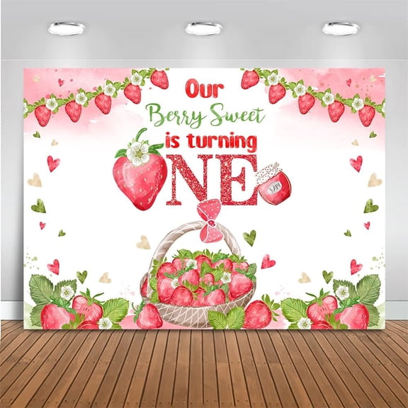 Strawberry 1st Birthday Backdrop Our Berry Sweet is Turning One Photography Background Berry Sweet First Birthday Party Decorations Cake Table Banner Photo Booth Props
