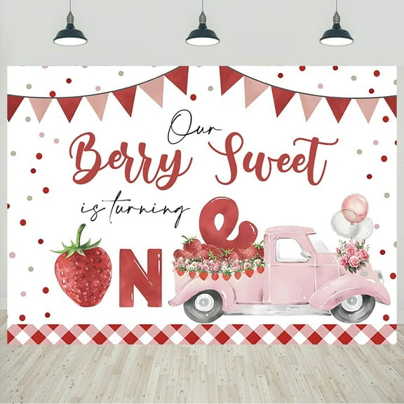 Strawberry 1st Birthday Backdrop Our Berry Sweet is Turning One Strawberries Pink Truck Photography Background Girls First Birthday Party Decorations Portraits Banner Photo Studio Props