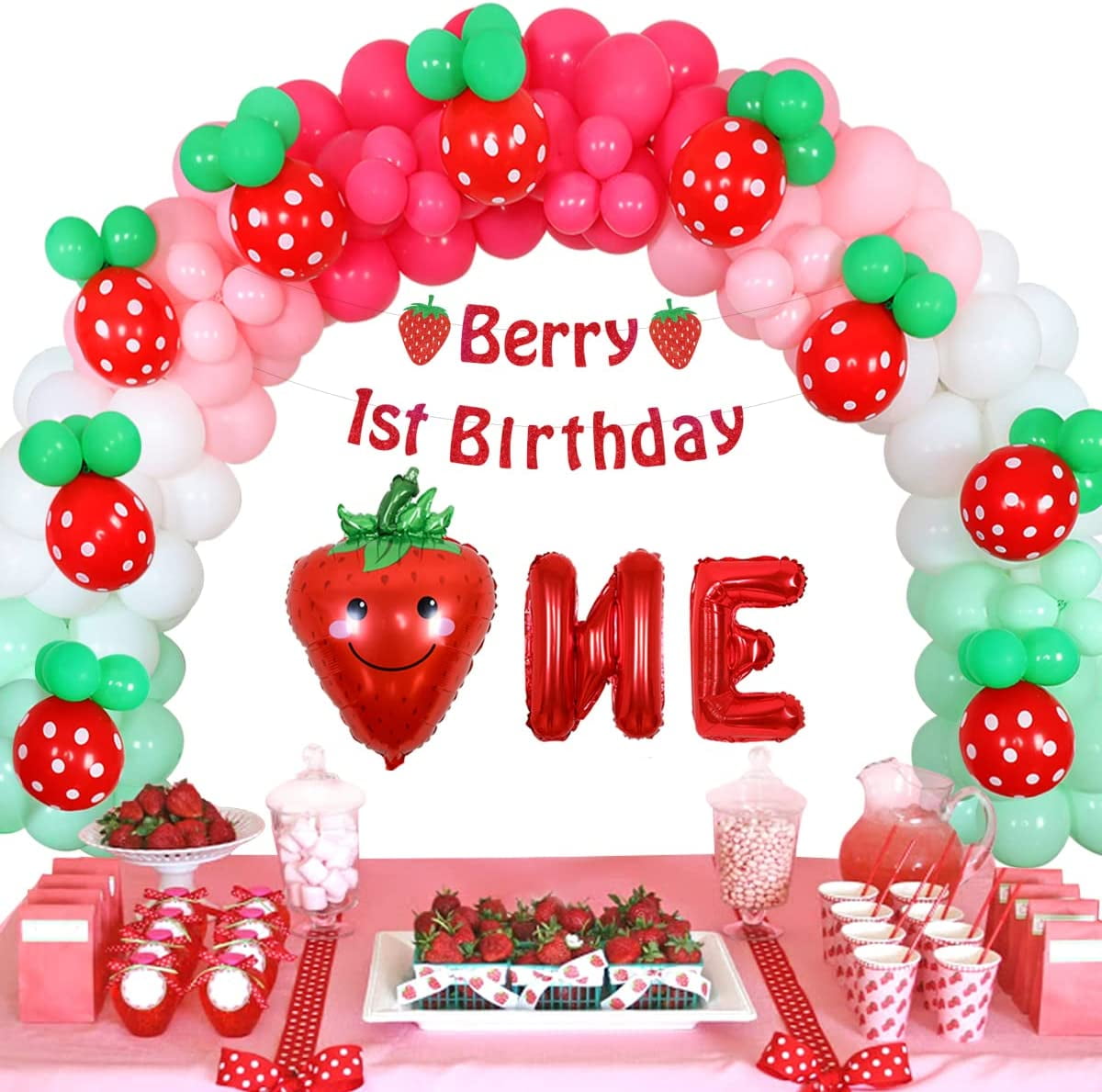 Strawberry First Birthday Collection Strawberry Party Decor With Balloons  Strawberry 1st Birthday Banner Smash Cake Kit COL009 