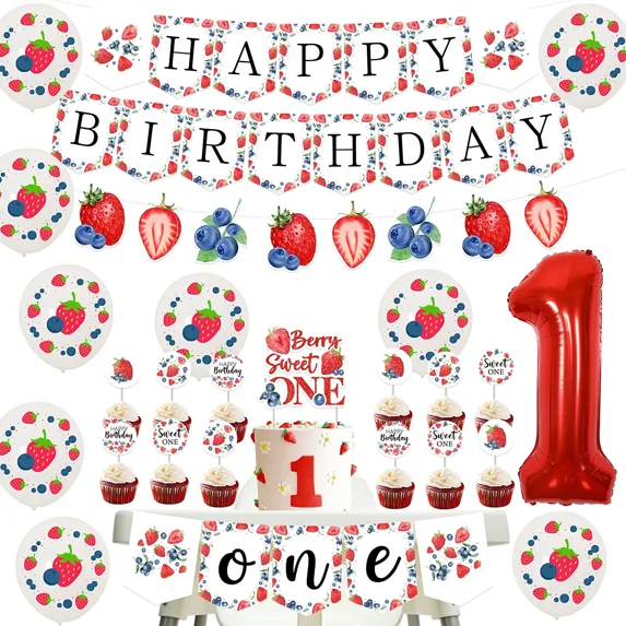 Strawberry 1st Birthday Party Decoration, Strawberry and Blueberry Themed Birthday Party Supplies Happy Birthday Banner Berry Sweet One Birthday Balloons Cake Toppers Decor for Girls 1st Birthday