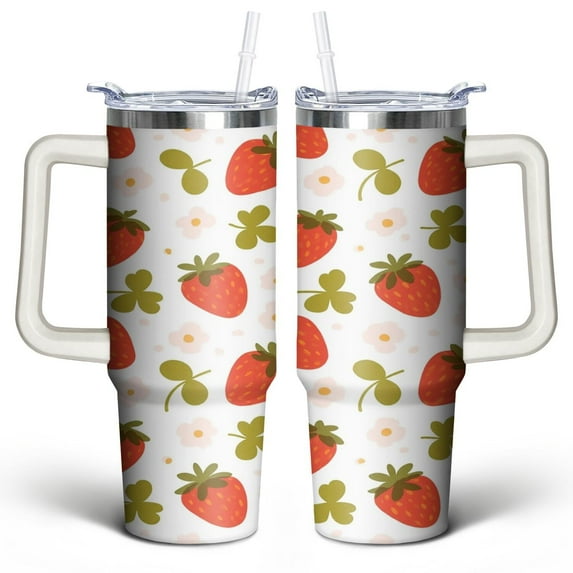 Strawberry 30 Oz Tumbler with Handle Lid and Straw, Stainless Steel Double Walled Vacuum Insulated Cup, Cute Anniversary Wedding Birthday Gifts Tumbler for Women Men Friends Outdoor Indoor