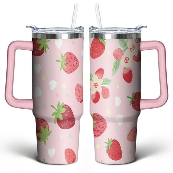 Strawberry 30 Oz Tumbler with Handle Lid and Straw, Stainless Steel Double Walled Vacuum Insulated Cup, Cute Anniversary Wedding Birthday Gifts Tumbler for Women Men Friends Outdoor Indoor