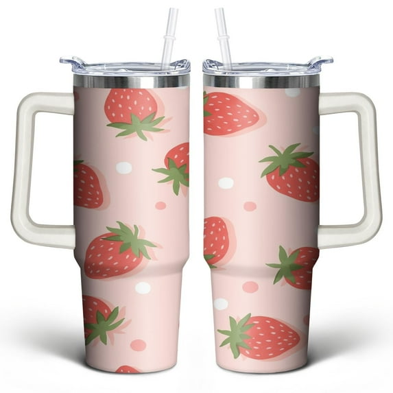 Strawberry 30 Oz Tumbler with Handle Lid and Straw, Stainless Steel Double Walled Vacuum Insulated Cup, Cute Anniversary Wedding Birthday Gifts Tumbler for Women Men Friends Outdoor Indoor