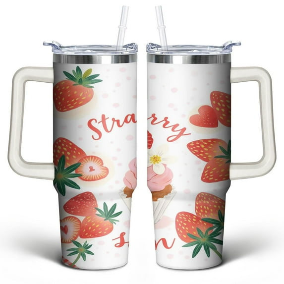 Strawberry 30 Oz Tumbler with Handle Lid and Straw, Stainless Steel Double Walled Vacuum Insulated Cup, Cute Anniversary Wedding Birthday Gifts Tumbler for Women Men Friends Outdoor Indoor