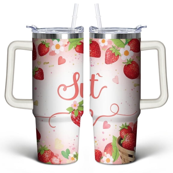 Strawberry 30 Oz Tumbler with Handle Lid and Straw, Stainless Steel Double Walled Vacuum Insulated Cup, Cute Anniversary Wedding Birthday Gifts Tumbler for Women Men Friends Outdoor Indoor