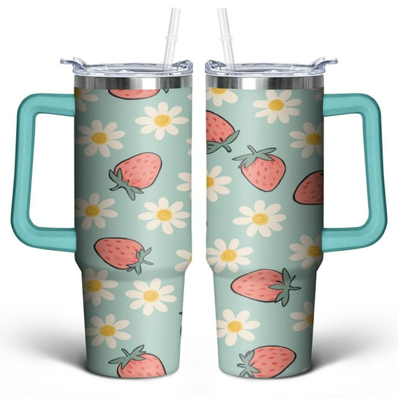 Strawberry 30 Oz Tumbler with Handle Lid and Straw, Stainless Steel Double Walled Vacuum Insulated Cup, Cute Anniversary Wedding Birthday Gifts Tumbler for Women Men Friends Outdoor Indoor