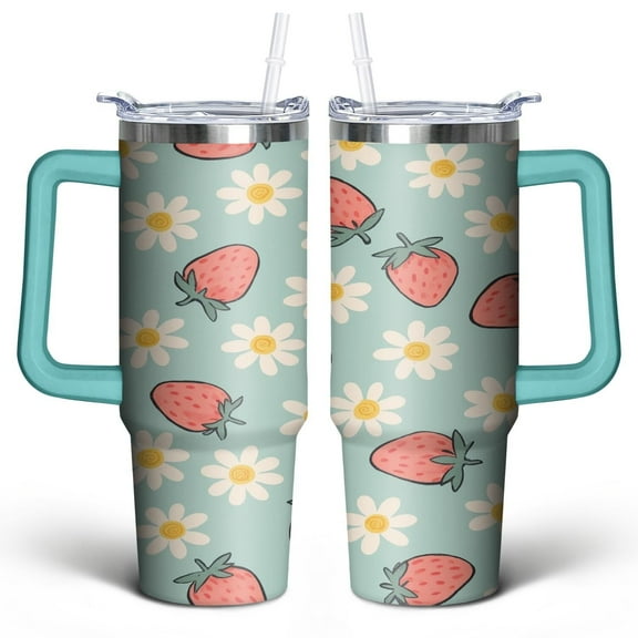 Strawberry 30 Oz Tumbler with Handle Lid and Straw, Stainless Steel Double Walled Vacuum Insulated Cup, Cute Anniversary Wedding Birthday Gifts Tumbler for Women Men Friends Outdoor Indoor
