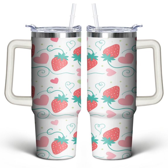 Strawberry 30 Oz Tumbler with Handle Lid and Straw, Stainless Steel Double Walled Vacuum Insulated Cup, Cute Anniversary Wedding Birthday Gifts Tumbler for Women Men Friends Outdoor Indoor