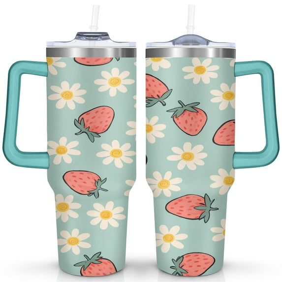 Strawberry 40 Oz Tumbler with Handle Lid and Straw, Stainless Steel Double Walled Vacuum Insulated Cup, Cute Anniversary Wedding Birthday Gifts Tumbler for Women Men Friends Outdoor Indoor