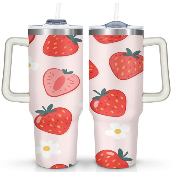 Strawberry 40 Oz Tumbler with Handle Lid and Straw, Stainless Steel Double Walled Vacuum Insulated Cup, Cute Anniversary Wedding Birthday Gifts Tumbler for Women Men Friends Outdoor Indoor