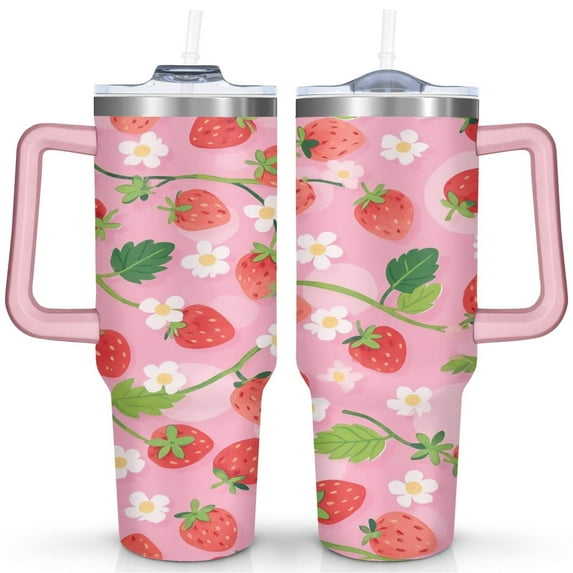 Strawberry 40 Oz Tumbler with Handle Lid and Straw, Stainless Steel Double Walled Vacuum Insulated Cup, Cute Anniversary Wedding Birthday Gifts Tumbler for Women Men Friends Outdoor Indoor