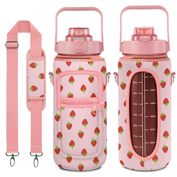 Strawberry 64 Oz Half Gallon Water Bottle with Sleeve - BPA Free Leakproof Sport Large Plastic Water Bottle with Straw & Time Marker & Insulated Neoprene Holder Carrier Bag Great Gift for Women Men