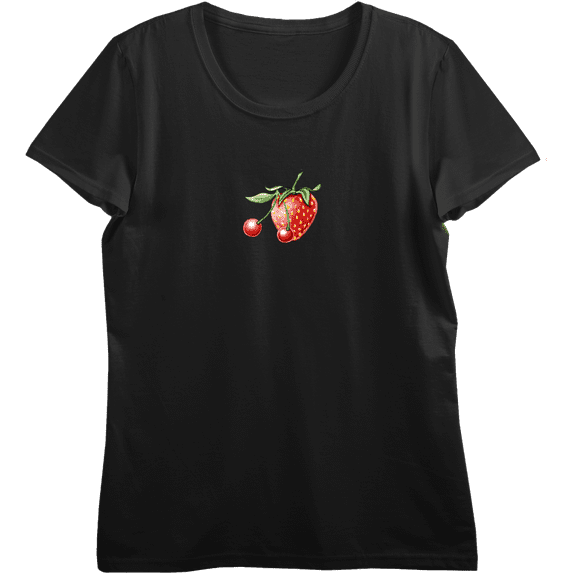 Strawberry And Cherry Fruit Adult Black Crew Neck Short Sleeve Tee-XL
