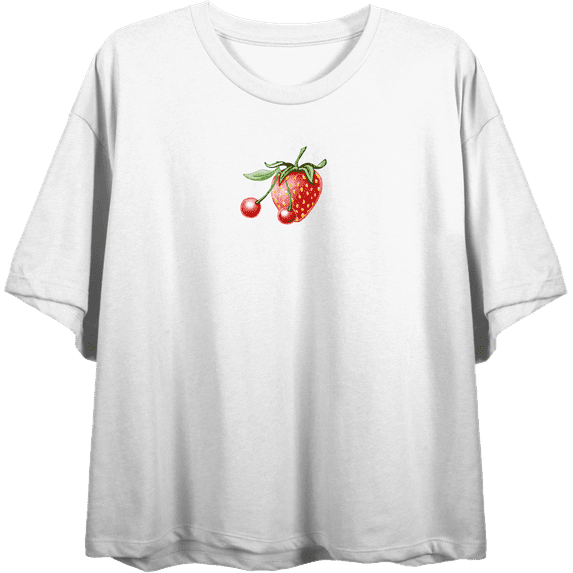 Strawberry And Cherry Fruit Adult White Crew Neck Short Sleeve Tee-Medium