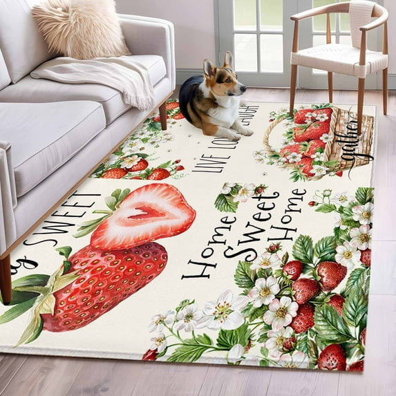 Strawberry Area Rug 4x6 Washable Rug Non Slip Summer Fruits Green Botanical Floral Large Area Rug Indoor Floor Carpet for Entryway Bedroom Kitchen Living Room Home Office Dining Room Nursery