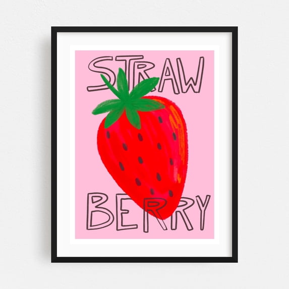 Strawberry Art Print - Painting Fruit Kitchen Decor Pop Art Modern Art Typography Illustration Summer Black Framed Wall Art Print 6 x 8 inches