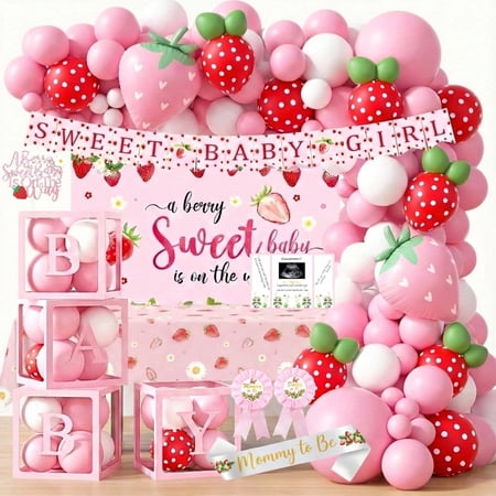 Happy Greetings Strawberry Baby Shower Decorations Kit for Girls, 338 PCS - Berry Sweet Backdrop, Balloon Garland, BABY Boxes, Tablecloth, Cake Toppers, Mom to Be Sash & Pin