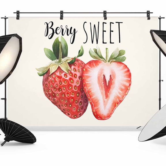 Strawberry Backdrop for Photography, Fabric Photo Background Backdrop, Red Summer Fruits Green Botanical Photo Booth Background for Portrait Photoshoot Video Wedding Studio Decoration Banner 7x5ft