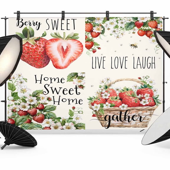 Strawberry Backdrop for Photoshoot,Photography Photo Studio Background Wall Backdrop,Summer Fruits Green Botanical Floral Back Drop Banner Panel for Portraits Wedding Live Streaming Decor 12x8Ft