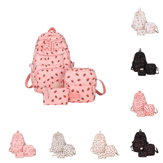 Strawberry Backpack for Women Kawaii Coquette Nylon Backpack 3Pcs Set Cute College Laptop Rucksack Fashion Travel Daypack (Pink)