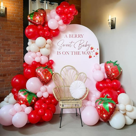 Strawberry Balloon Arch Garland Kit, Red & Pink Balloons with 27Inch Strawberry Foil Balloons for 1st Birthday, Baby Shower, Strawberry Themed Party Decorations