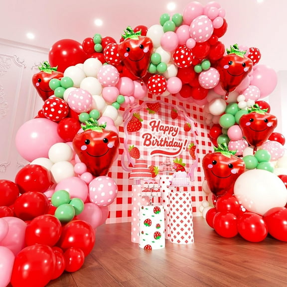 Strawberry Balloons Arch Kit - 153Pcs Different Size Red and Pink Green Balloons Garland Kit for Girls Sweet One Berry First Birthday Baby Shower Valentine's Day Strawberry Party Decorations
