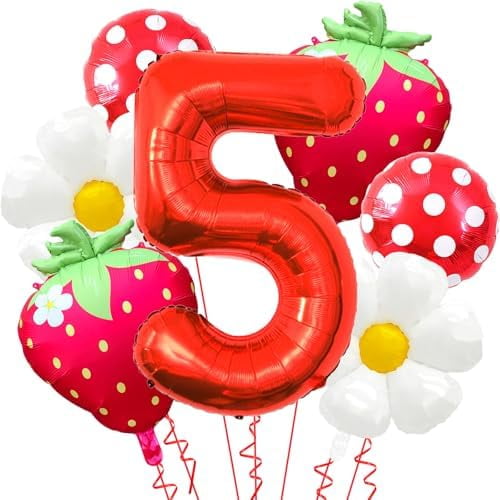 Strawberry Balloons Berry Fifth Birthday Decor, 40 Inch Mylar Red Number 5 Balloons - Strawberry Balloon for Strawberry 5st Birthday Decorations - Strawberry Party Decorations
