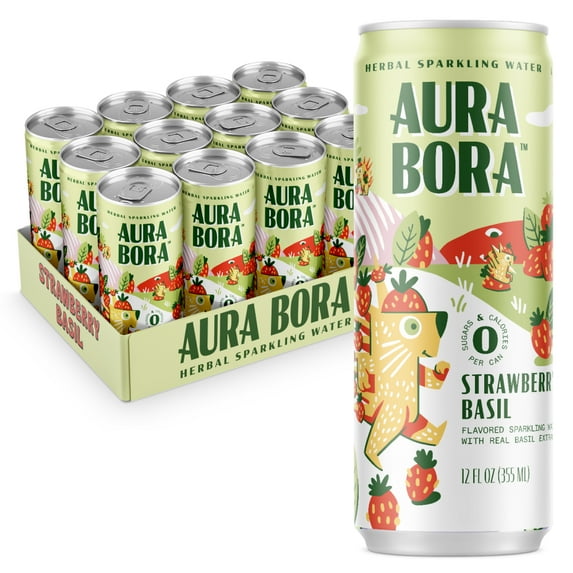 Strawberry Basil Herbal Sparkling Water by Aura Bora, 0 Calories, 0 Sugar, 0 Sodium, Non-GMO, 12 oz Can (Pack of 12)