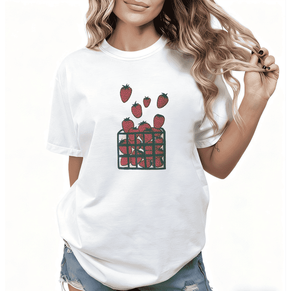 Strawberry Basket Print Tshirt Graphic Tees White Shirts Spring Fruit Style S-5XL Retro Pattern Tops